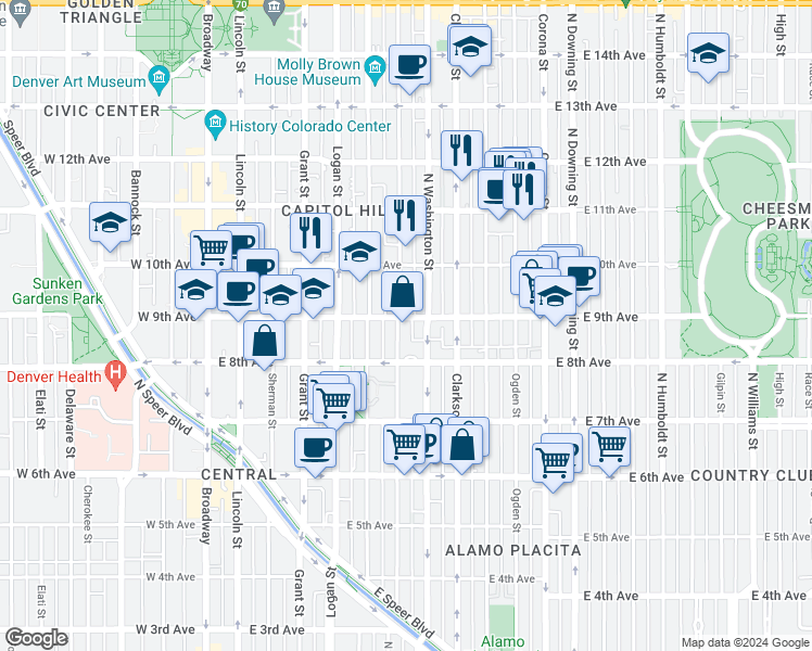 map of restaurants, bars, coffee shops, grocery stores, and more near 901 North Washington Street in Denver