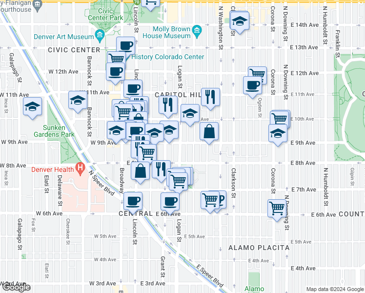 map of restaurants, bars, coffee shops, grocery stores, and more near in Denver
