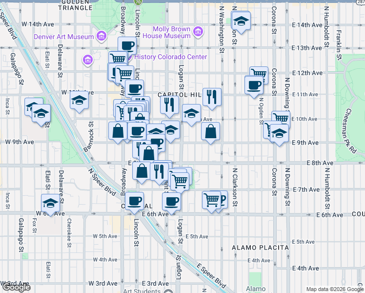 map of restaurants, bars, coffee shops, grocery stores, and more near in Denver