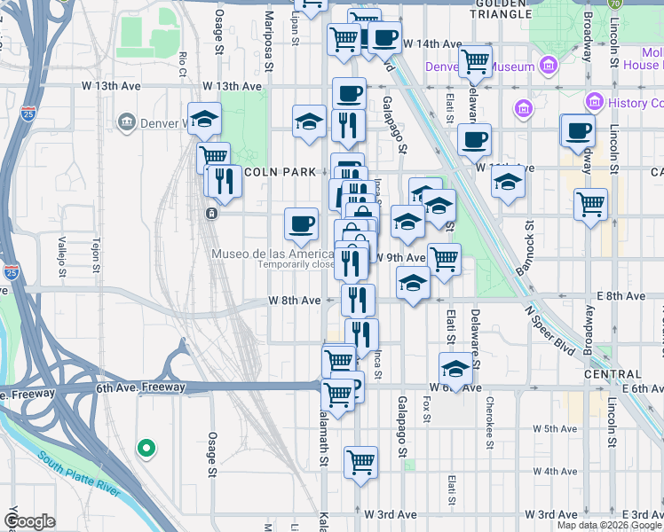 map of restaurants, bars, coffee shops, grocery stores, and more near 880 Kalamath Street in Denver