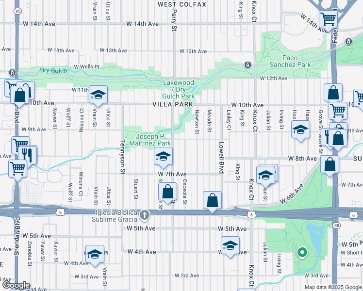 map of restaurants, bars, coffee shops, grocery stores, and more near 860 Perry Street in Denver
