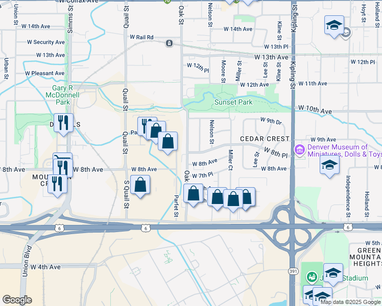 map of restaurants, bars, coffee shops, grocery stores, and more near 846 Oak Street in Lakewood