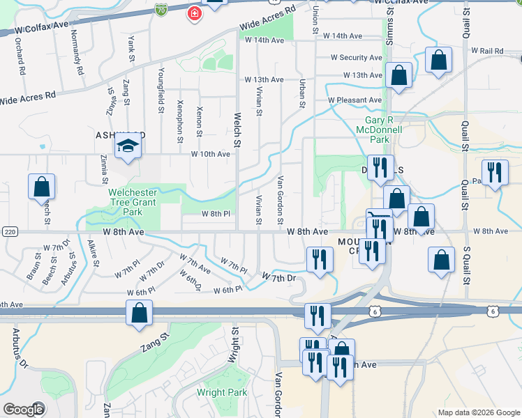 map of restaurants, bars, coffee shops, grocery stores, and more near 885 Vivian Street in Golden