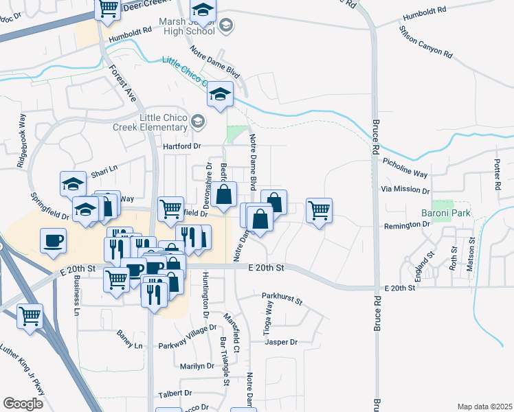 map of restaurants, bars, coffee shops, grocery stores, and more near 1888 Notre Dame Boulevard in Chico