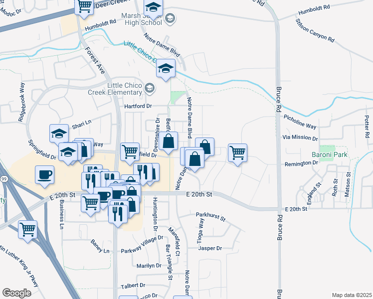 map of restaurants, bars, coffee shops, grocery stores, and more near 1888 Notre Dame Boulevard in Chico