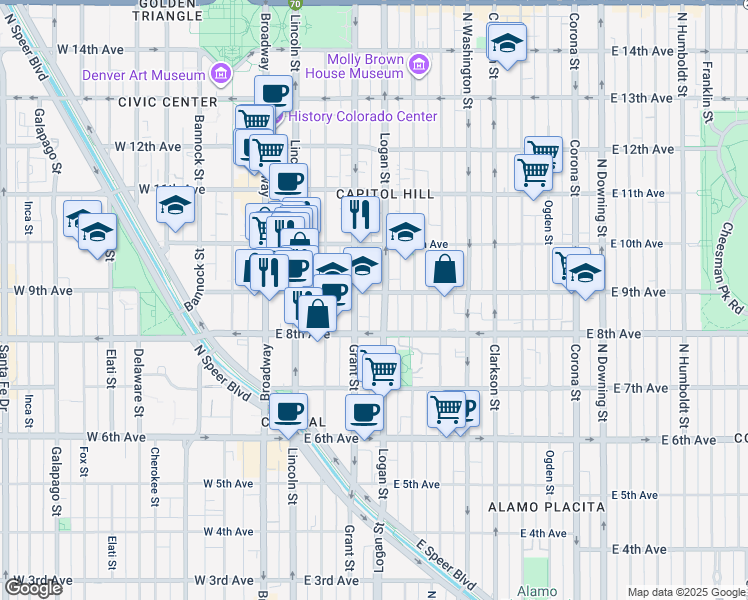 map of restaurants, bars, coffee shops, grocery stores, and more near in Denver