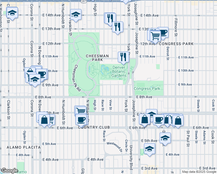map of restaurants, bars, coffee shops, grocery stores, and more near 860 Vine Street in Denver