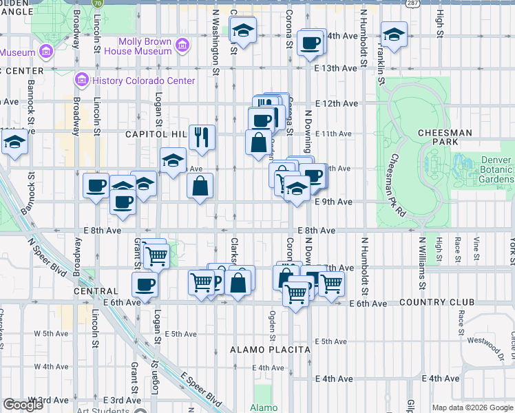 map of restaurants, bars, coffee shops, grocery stores, and more near in Denver