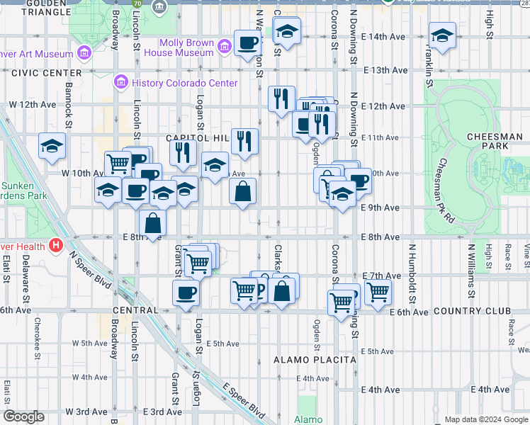map of restaurants, bars, coffee shops, grocery stores, and more near 901 North Washington Street in Denver