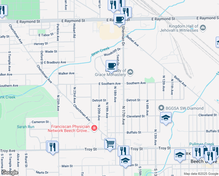 map of restaurants, bars, coffee shops, grocery stores, and more near 1909 Southern Avenue in Beech Grove