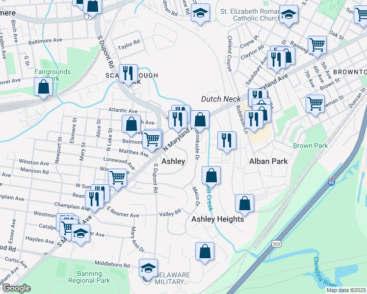 map of restaurants, bars, coffee shops, grocery stores, and more near 10 Hillside Road in Wilmington