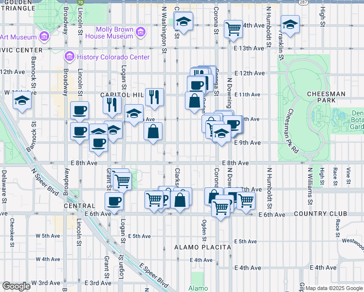map of restaurants, bars, coffee shops, grocery stores, and more near 872 North Clarkson street in Denver