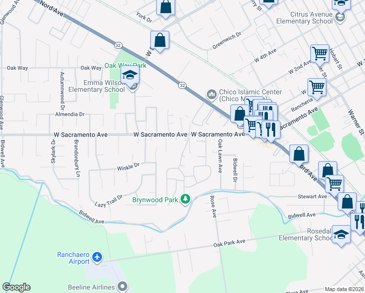 map of restaurants, bars, coffee shops, grocery stores, and more near 863 Victorian Park Drive in Chico