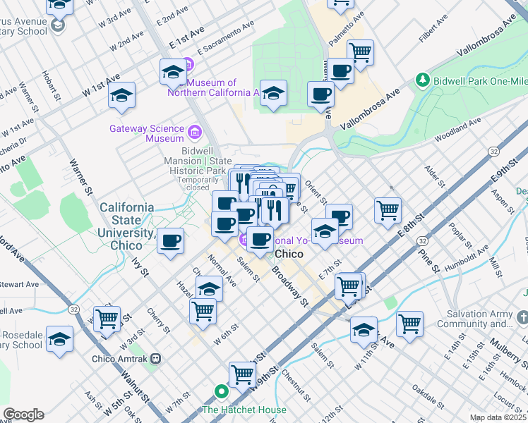 map of restaurants, bars, coffee shops, grocery stores, and more near 225 Main Street in Chico