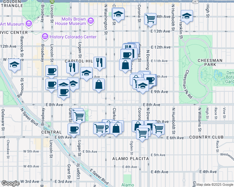 map of restaurants, bars, coffee shops, grocery stores, and more near 872 North Clarkson street in Denver
