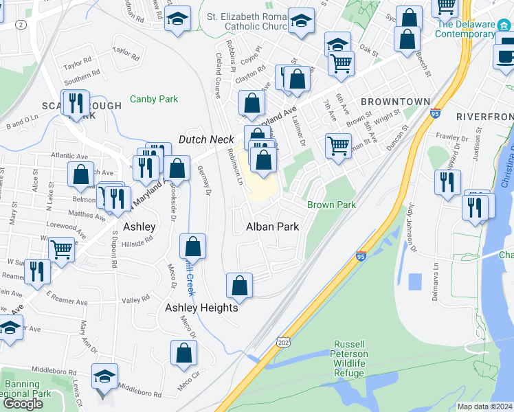 map of restaurants, bars, coffee shops, grocery stores, and more near 1631 Bonwood Road in Wilmington