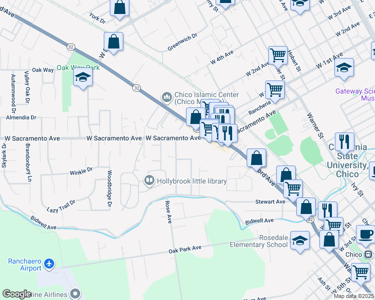 map of restaurants, bars, coffee shops, grocery stores, and more near 1133 West Sacramento Avenue in Chico