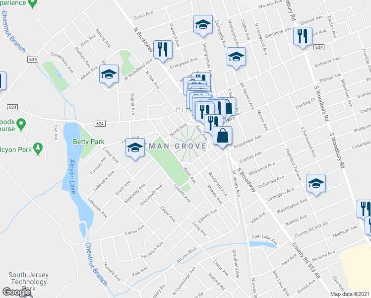 map of restaurants, bars, coffee shops, grocery stores, and more near 143 8th Avenue in Pitman