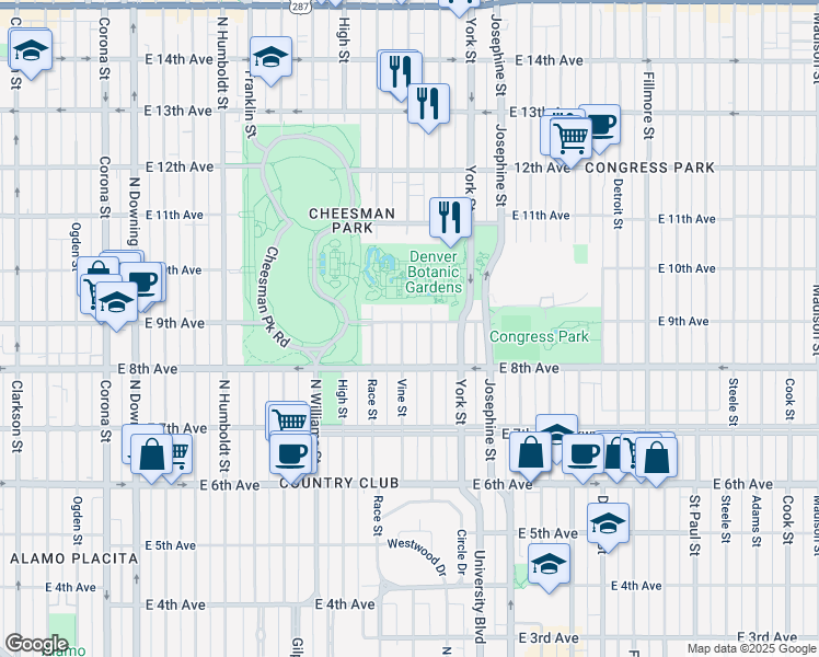 map of restaurants, bars, coffee shops, grocery stores, and more near 860 Vine Street in Denver