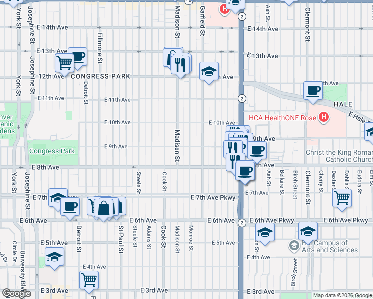 map of restaurants, bars, coffee shops, grocery stores, and more near 878 Madison Street in Denver