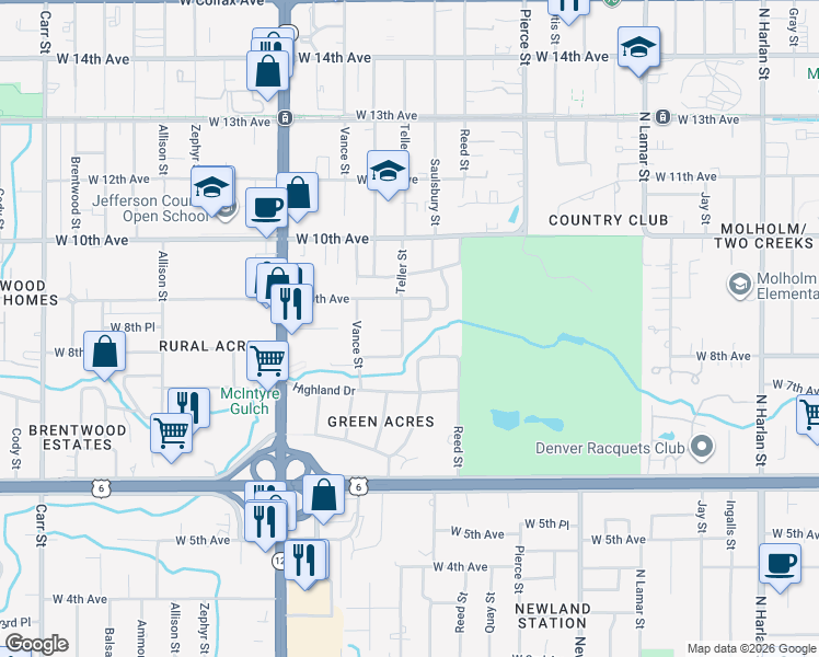 map of restaurants, bars, coffee shops, grocery stores, and more near 850 Teller Street in Lakewood