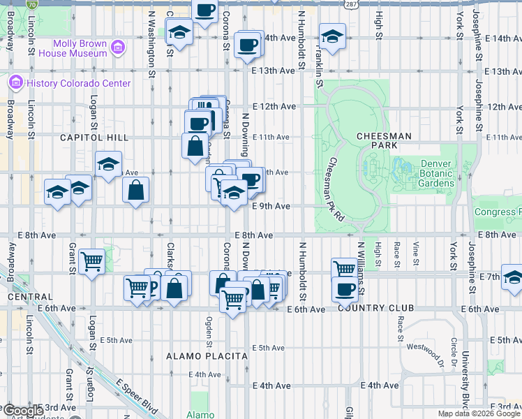 map of restaurants, bars, coffee shops, grocery stores, and more near 1301 East 9th Avenue in Denver