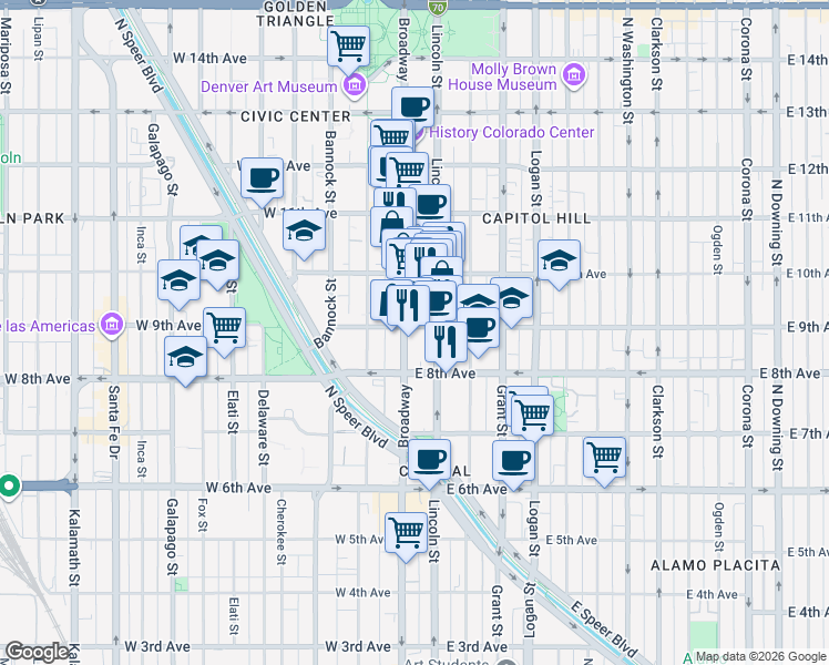 map of restaurants, bars, coffee shops, grocery stores, and more near 925 Lincoln Street in Denver
