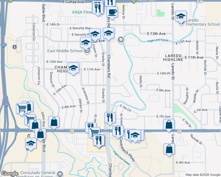 map of restaurants, bars, coffee shops, grocery stores, and more near in Aurora