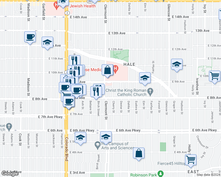 map of restaurants, bars, coffee shops, grocery stores, and more near 861 Cherry Street in Denver