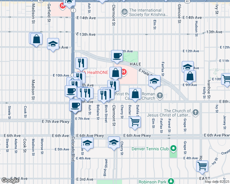 map of restaurants, bars, coffee shops, grocery stores, and more near 855 Clermont Street in Denver
