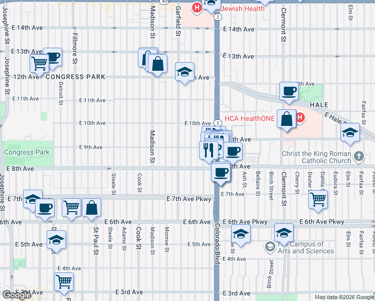 map of restaurants, bars, coffee shops, grocery stores, and more near 901 Jackson Street in Denver