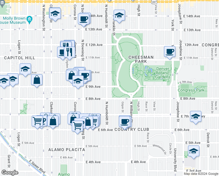map of restaurants, bars, coffee shops, grocery stores, and more near 1510 East 9th Avenue in Denver
