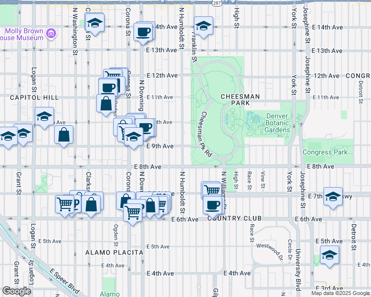 map of restaurants, bars, coffee shops, grocery stores, and more near 1510 East 9th Avenue in Denver
