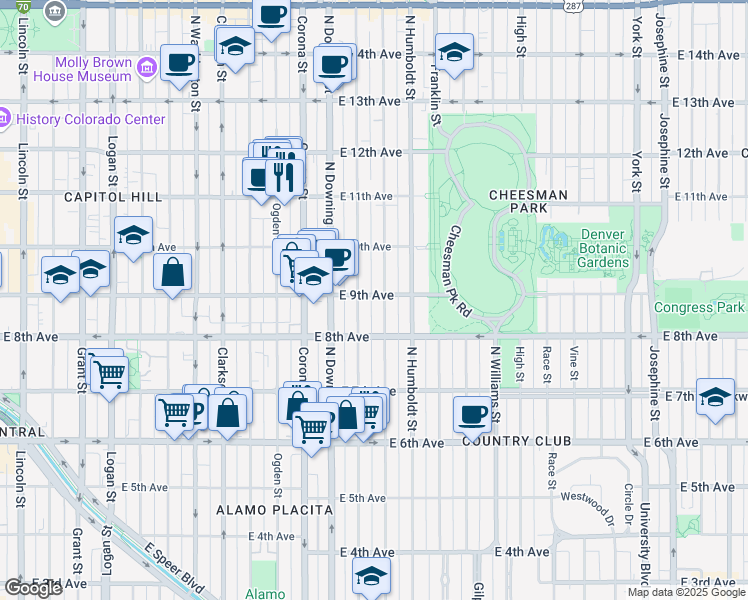 map of restaurants, bars, coffee shops, grocery stores, and more near 1301 East 9th Avenue in Denver