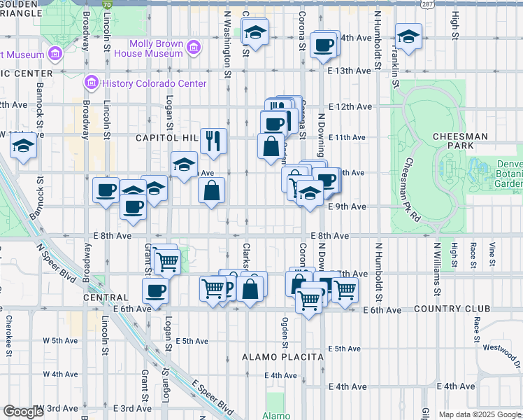 map of restaurants, bars, coffee shops, grocery stores, and more near in Denver