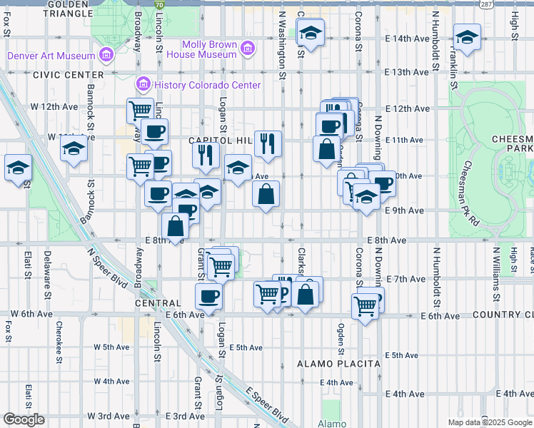 map of restaurants, bars, coffee shops, grocery stores, and more near 901 North Washington Street in Denver