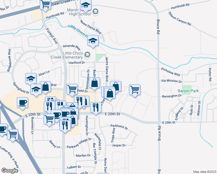 map of restaurants, bars, coffee shops, grocery stores, and more near 1888 Notre Dame Boulevard in Chico