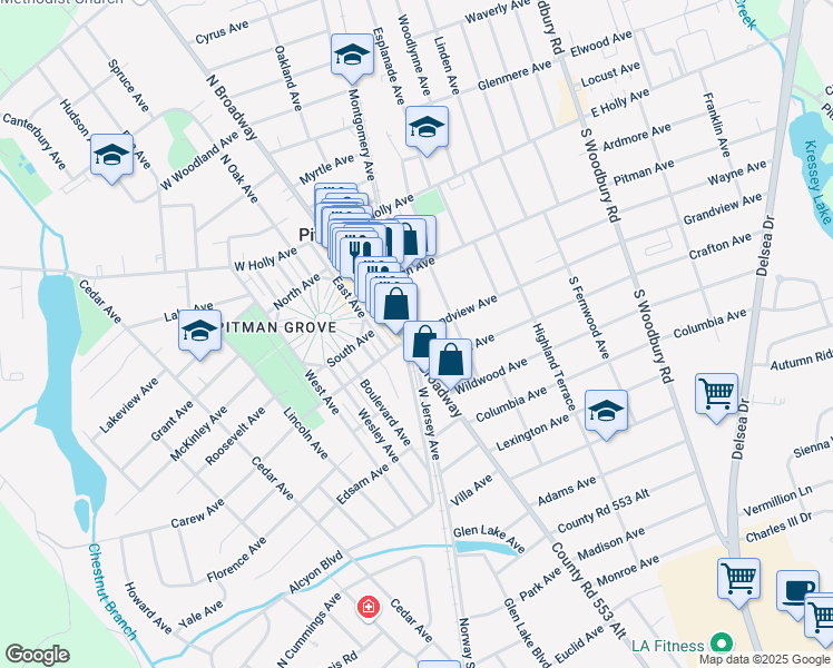 map of restaurants, bars, coffee shops, grocery stores, and more near 14 Grandview Avenue in Pitman