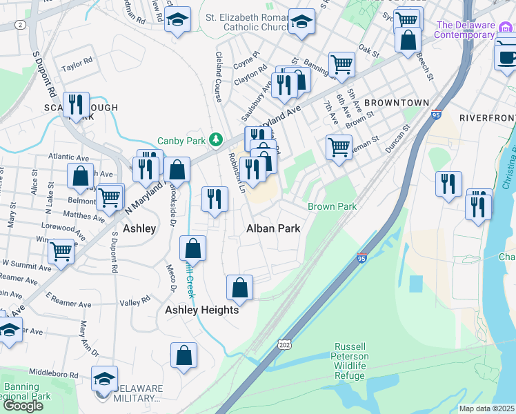 map of restaurants, bars, coffee shops, grocery stores, and more near 1631 Bonwood Road in Wilmington