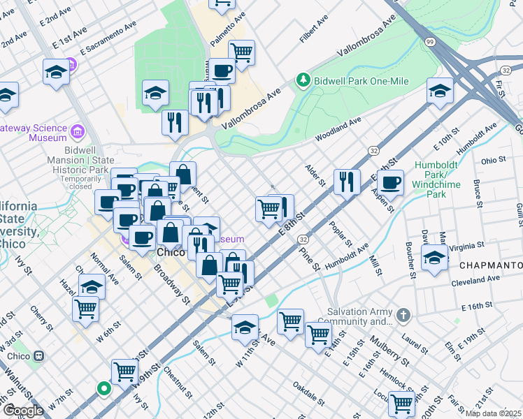 map of restaurants, bars, coffee shops, grocery stores, and more near 624 Pine Street in Chico