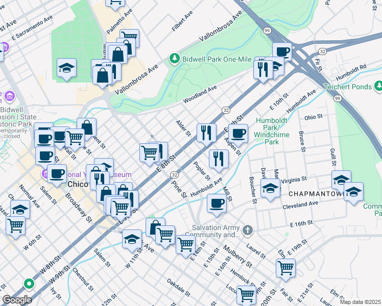 map of restaurants, bars, coffee shops, grocery stores, and more near 835 Poplar Street in Chico