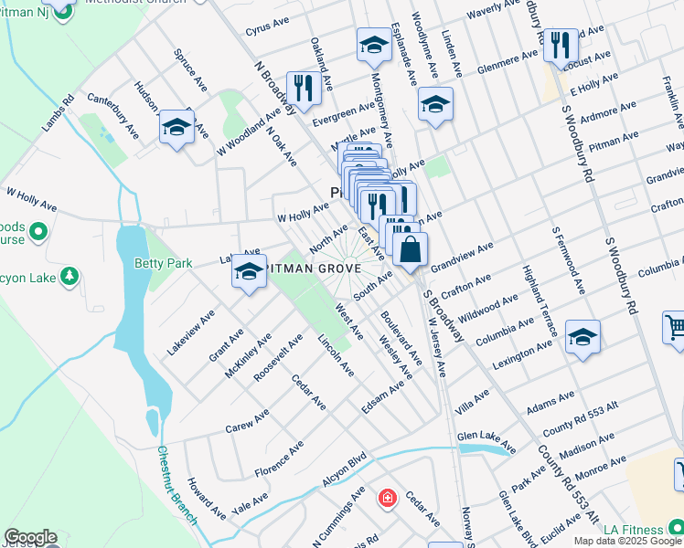 map of restaurants, bars, coffee shops, grocery stores, and more near 143 8th Avenue in Pitman