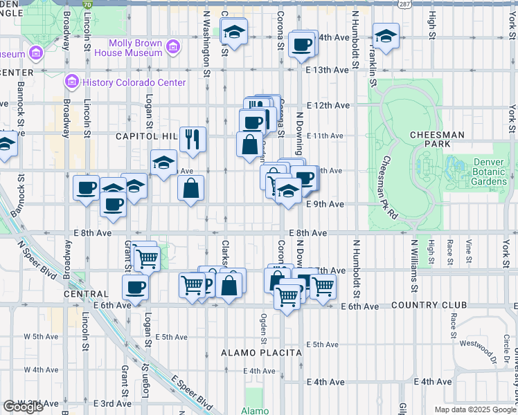 map of restaurants, bars, coffee shops, grocery stores, and more near in Denver