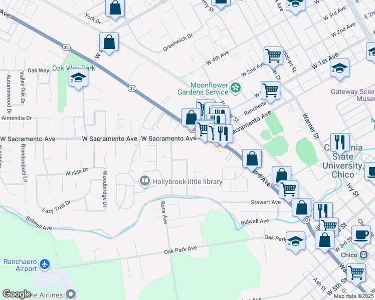 map of restaurants, bars, coffee shops, grocery stores, and more near 1117 West Sacramento Avenue in Chico