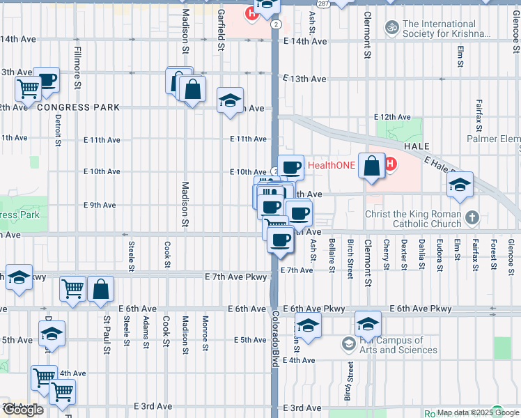 map of restaurants, bars, coffee shops, grocery stores, and more near 864 Harrison Street in Denver