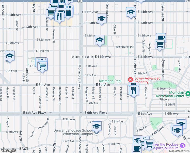 map of restaurants, bars, coffee shops, grocery stores, and more near 860 Niagara Street in Denver