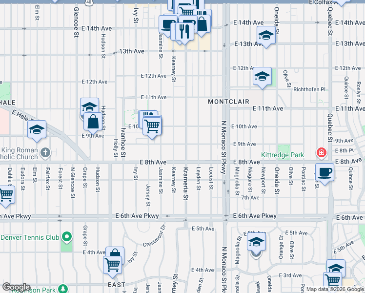 map of restaurants, bars, coffee shops, grocery stores, and more near 860 Krameria Street in Denver