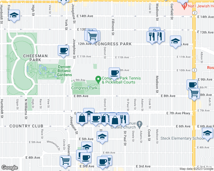 map of restaurants, bars, coffee shops, grocery stores, and more near 860 Detroit Street in Denver