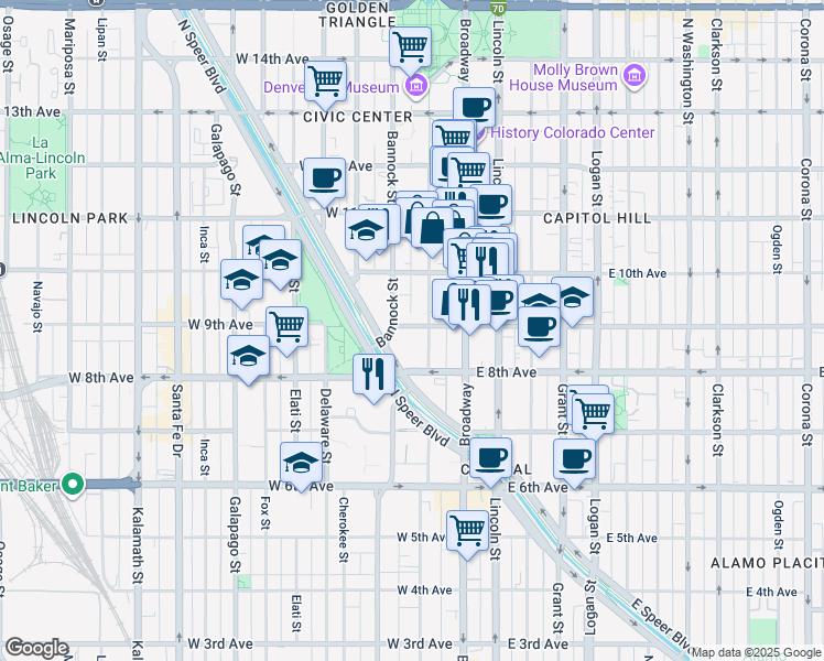 map of restaurants, bars, coffee shops, grocery stores, and more near 150 West 9th Avenue in Denver