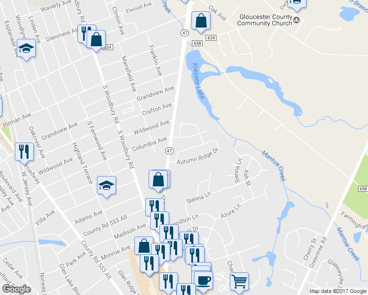 map of restaurants, bars, coffee shops, grocery stores, and more near 11 Autumn Ridge Drive in Glassboro
